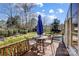 Outdoor dining table with an umbrella on the deck, overlooking the landscaped backyard at 10207 Rattersly Ct, Charlotte, NC 28277