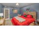 Well-lit bedroom features comfortable decor, projector screen, and wood-look floors at 121 Inlet Point Dr, Tega Cay, SC 29708