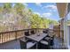 Outdoor deck featuring wood railings and a dining table set for six, perfect for entertaining and outdoor living at 121 Inlet Point Dr, Fort Mill, SC 29708