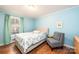 Bright bedroom with blue walls, hardwood floors, large window, and patterned bedspread at 3415 23Rd Ne St, Hickory, NC 28601