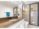 A clean bathroom features granite counters, a single sink and frameless glass shower at 132 Tuskarora Point Ln, Mooresville, NC 28117