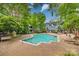 Community pool surrounded by brick patio, lounge chairs, and mature trees for a serene outdoor experience at 509 N Graham St # 2D, Charlotte, NC 28202