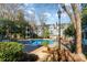 Beautiful community pool area with mature trees and ample seating, creating a serene environment at 525 N Graham St # 3B, Charlotte, NC 28202