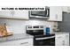 Close-up of a modern kitchen, featuring white cabinets, granite countertops, and stainless-steel appliances at 122 Woodhall Way, Troutman, NC 28166
