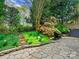 Beautifully landscaped backyard with stone walkway, plants, water feature, and mature trees, creating a serene escape at 19000 Hodestone Mews Ct, Davidson, NC 28036