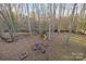 Large backyard featuring a fire pit with chairs and play structure surrounded by mature trees at 9334 Hunting Ct, Matthews, NC 28105