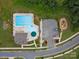 Overhead shot of a community pool, clubhouse, parking area and playground in a well-maintained neighborhood at 9611 Rayneridge Dr, Huntersville, NC 28078