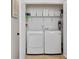 A well-organized laundry room with white washer, dryer, shelving, and a clean, efficient space at 4022 Carl Parmer Dr, Harrisburg, NC 28075
