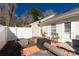 Private outdoor patio with brick pavers, fenced yard, wooden planter boxes, and outdoor furniture at 605 Gable Dr, Rock Hill, SC 29732