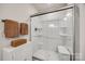Clean bathroom featuring a glass shower with built in seat and modern fixtures at 715 Bonica Ct, Lancaster, SC 29720