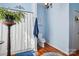Bathroom with blue walls, decorative plant, blue mat, and white shower curtain at 12 Church St, York, SC 29745