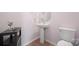 Cozy powder room with pedestal sink, a decorative mirror and vinyl flooring at 12820 Settlers Trail Ct, Charlotte, NC 28278