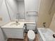 Functional bathroom features a vanity, toilet, and shower-tub combo, perfect for everyday needs at 7140 Stonington Ln, Charlotte, NC 28227