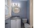 Powder blue half bath with white vanity, granite countertop, and oval mirror at 8080 Monbo Rd, Catawba, NC 28609