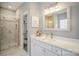 Bathroom featuring a glass enclosed shower, white cabinets, and a granite countertop at 8603 Ridgeline Ln, Charlotte, NC 28269