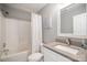 Bathroom featuring a vanity, mirror, toilet, and shower/tub combo with curtain at 8603 Ridgeline Ln, Charlotte, NC 28269