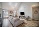 Bright living room boasts vaulted ceilings, skylights, fireplace, and wood floors at 8603 Ridgeline Ln, Charlotte, NC 28269