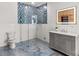 Contemporary bathroom featuring modern tiles, a glass-enclosed shower, and a floating vanity with LED mirror at 1547 Sunset Pointe Dr, Salisbury, NC 28146