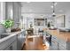 Well-lit kitchen with stone countertops, gray cabinets, wood island, and view into the living area at 2924 Chelsea Dr, Charlotte, NC 28209