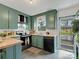 Stylish kitchen featuring teal cabinets, butcher block countertops, and stainless steel appliances at 5622 S Rocky River Rd, Monroe, NC 28112