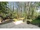 A serene backyard features a concrete patio surrounded by lush greenery and mature trees at 800 River Oaks Ln, Charlotte, NC 28226
