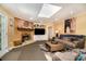 Cozy living room with a brick fireplace, built-in shelving, a comfortable sofa, and a skylight providing natural light at 800 River Oaks Ln, Charlotte, NC 28226