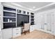 Elegant home office featuring custom built-ins, sleek black countertops, and French doors for a sophisticated workspace at 15818 Sparrowridge Ct, Charlotte, NC 28278