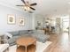 Open-concept living space with a comfortable sofa, wood floors, and a view of the kitchen at 2658 Dilworth Heights Ln, Charlotte, NC 28209