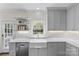 A renovated kitchen with a white farmhouse sink, gray cabinets and floating shelves with outside views at 700 Queen Charlottes Ct, Charlotte, NC 28211