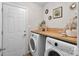 Functional laundry room featuring a wooden countertop, modern washer and dryer, and stylish decorations at 8211 Poplar Grove Cir # 31, Waxhaw, NC 28173
