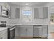 Close-up view of kitchen featuring sleek gray cabinets, stainless steel appliances, and modern fixtures at 308 Knox St, Clover, SC 29710