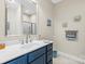 Modern bathroom features a large mirror, blue vanity, and decorative wall art at 4616 Gold Finch Dr, Denver, NC 28037