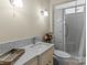 Bathroom with a granite countertop, and a shower with a built-in linen cabinet at 629 S Fulton St, Salisbury, NC 28144