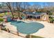 Aerial view of the gated pool with pool house and cover at 7532 Red Oak Ln, Charlotte, NC 28226