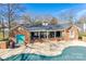 Aerial view of pool house with covered seating, gated pool with cover, and a grill at 7532 Red Oak Ln, Charlotte, NC 28226