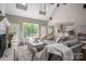 Bright living room with tall windows and skylights offering picturesque views of the lush green outdoors at 13822 Tributary Ct, Davidson, NC 28036