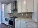 Close up of the modern kitchen's stainless steel oven, countertops, and sleek white cabinetry at 2035 Clarksdale Dr # 33, Charlotte, NC 28206