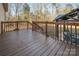 Wooden back deck overlooking the backyard, with wooden railings and stairs at 2864 Sweeping Pine Ln, Denver, NC 28037