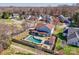Aerial view of a home with a pool and a fenced-in backyard, offering privacy and space at 5000 Tulip Ln, Matthews, NC 28104