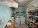 Functional laundry room with washer, dryer, storage shelves, and overhead storage at 128 Cromer St, Charlotte, NC 28208