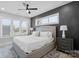 Relaxing main bedroom with a large window, accent wall, and plush bedding at 206 Freeland Ln, Charlotte, NC 28217