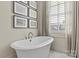 Modern bathroom features a freestanding tub, neutral walls, and window with natural light at 2251 Selwyn Ave # 201, Charlotte, NC 28207
