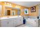 Bright main bathroom with double vanity, garden tub, large mirror, and natural light at 6211 Canyon Trl, Denver, NC 28037