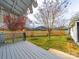 Landscaped backyard with a wooden deck, fence, and well-maintained lawn at 719 Washington St, Cramerton, NC 28032