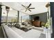 Inviting covered patio featuring comfortable seating, an outdoor television, a ceiling fan, and stylish decor at 1148 Turnbridge Rd, Charlotte, NC 28226