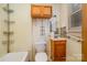 Standard bathroom with a bath tub, toilet, vanity, mirror, and metal shelving at 202 Hovis Rd, Stanley, NC 28164