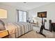 Bedroom features carpet, neutral paint, a queen size bed, television, and stationary exercise bike at 3030 Point Clear Dr, Tega Cay, SC 29708