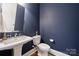 Stylish powder room featuring blue walls, pedestal sink, and modern fixtures at 401 Pecan Ridge Ct, Weddington, NC 28104