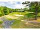 A beach volleyball court with picnic tables, surrounded by lush green grass and a view of the clubhouse at 5011 Tara Tea Dr, Tega Cay, SC 29708