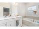 Well-lit bathroom with a soaking tub, double vanity, and ample counter space for comfort and convenience at 2311 Doby Creek Ln, Charlotte, NC 28262